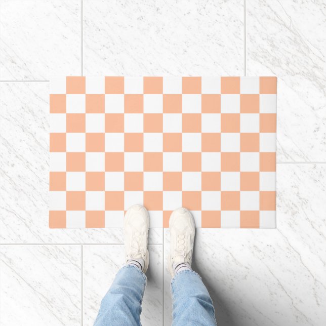 Checkered squares peach orange white geometric doormat (Indoor)