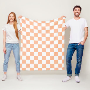 Checkered squares peach orange white geometric fleece blanket