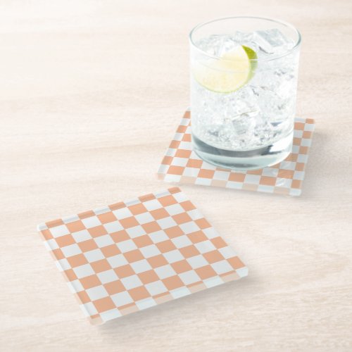 Checkered squares peach orange white geometric glass coaster