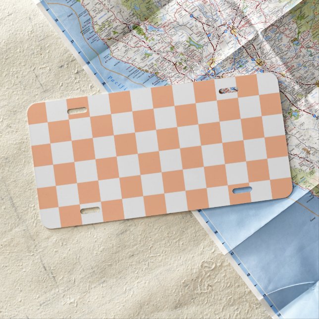 Checkered squares peach orange white geometric license plate (In Situ)