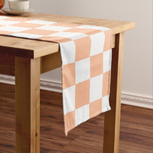 Checkered squares peach orange white geometric long table runner