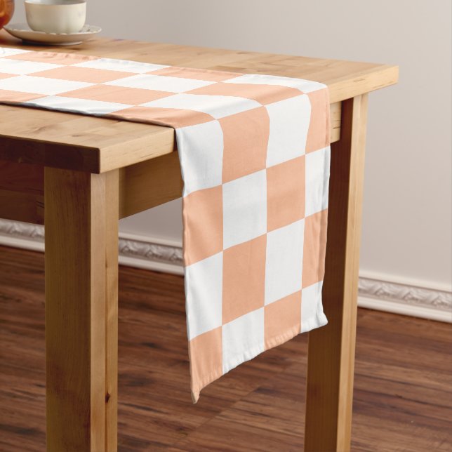 Checkered squares peach orange white geometric long table runner (In Situ)