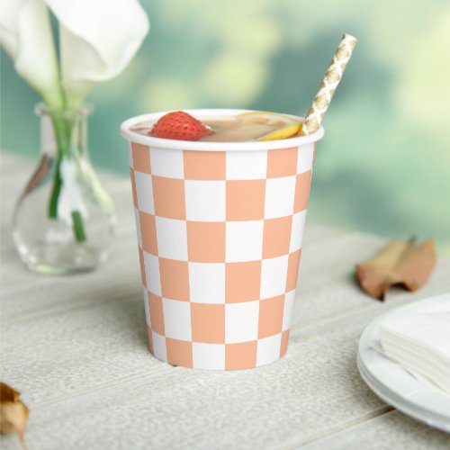 Checkered squares peach orange white geometric paper cups
