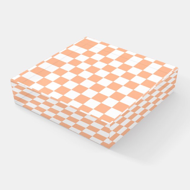 Checkered squares peach orange white geometric paperweight (Angled)
