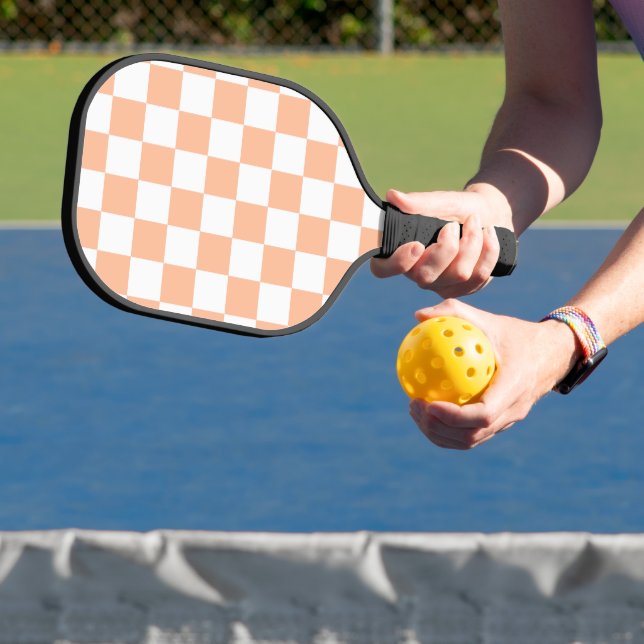 Checkered squares peach orange white geometric pickleball paddle (Insitu)