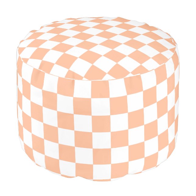 Checkered squares peach orange white geometric pouf (Angled Front)