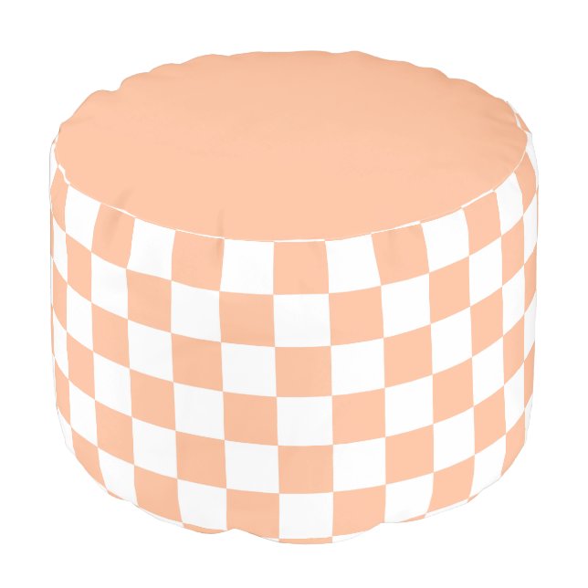 Checkered squares peach orange white geometric pouf (Angled Front)