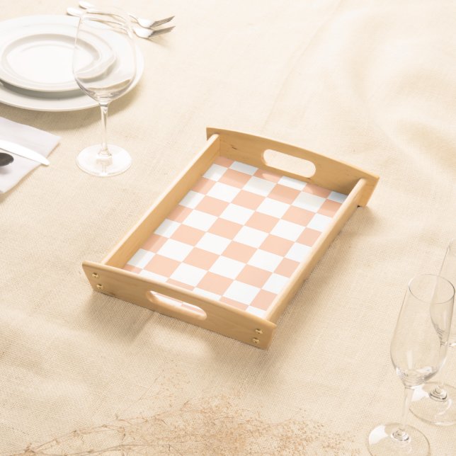Checkered squares peach orange white geometric serving tray (Front)
