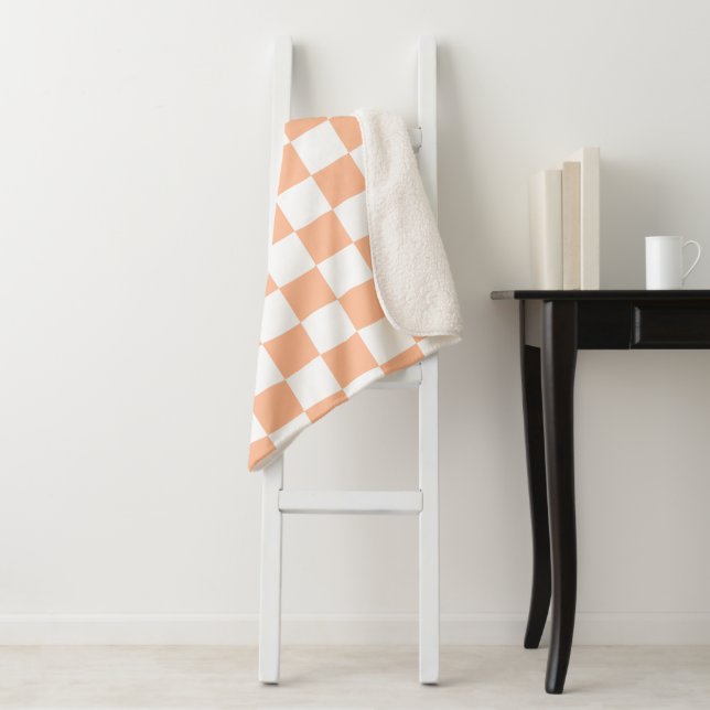 Checkered squares peach orange white geometric sherpa blanket (In Situ)