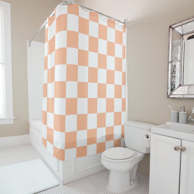 Checkered squares peach orange white geometric shower curtain (In Situ)