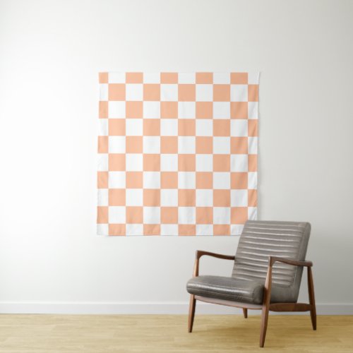 Checkered squares peach orange white geometric tapestry