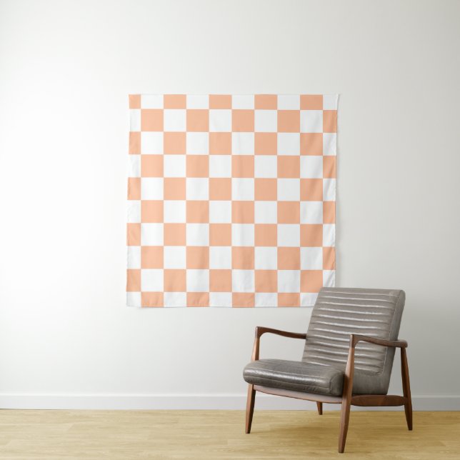 Checkered squares peach orange white geometric tapestry (In Situ (Horizontal))