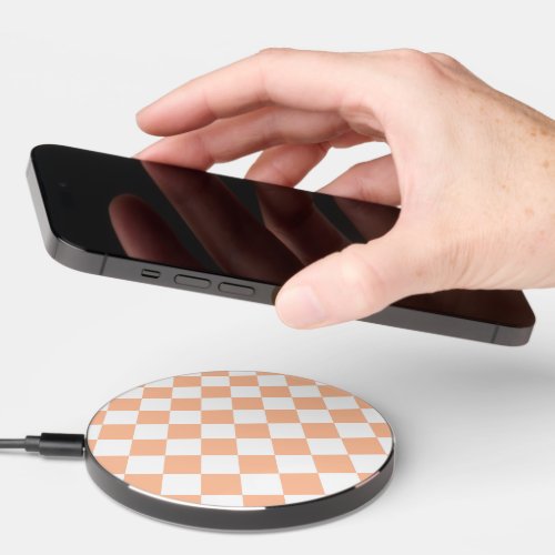 Checkered squares peach orange white geometric wireless charger 
