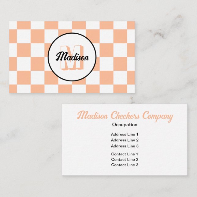 Checkered squares peach white retro Monogram Business Card (Front/Back)