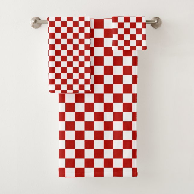 Checkered squares red white geometric retro bath towel set (Insitu)