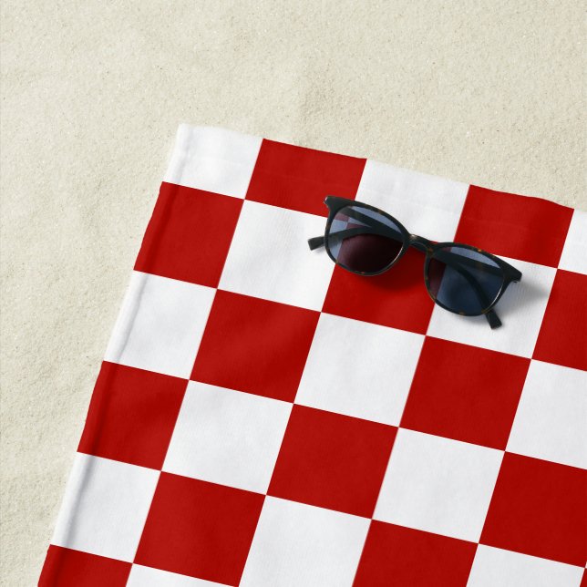 Checkered squares red white geometric retro beach towel (In Situ)