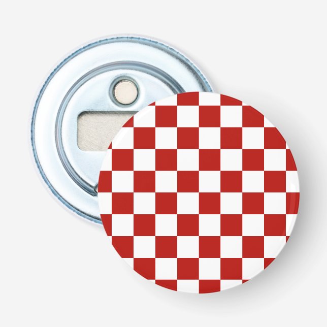 Checkered squares red white geometric retro bottle opener (Front)