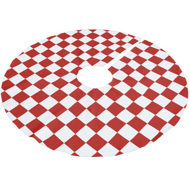Checkered squares red white geometric retro brushed polyester tree skirt (Angled)