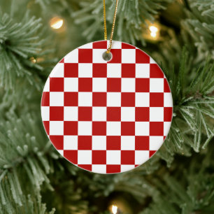 Checkered squares red white geometric retro ceramic ornament
