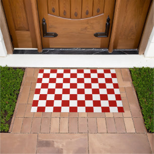 Checkered squares red white geometric retro doormat