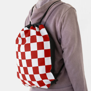 Checkered squares red white geometric retro drawstring bag