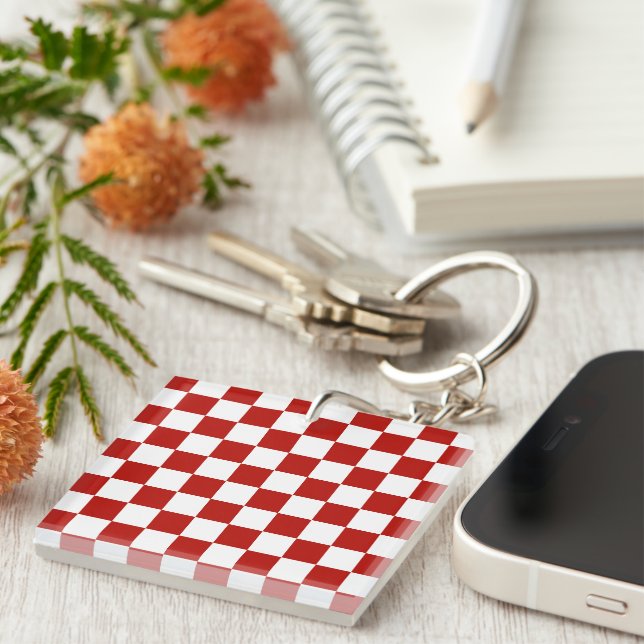 Checkered squares red white geometric retro keychain (Front Right)