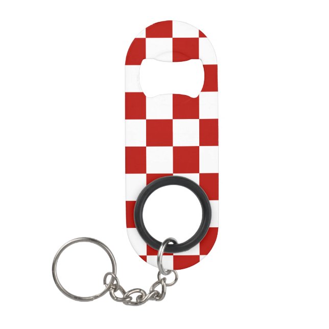 Checkered squares red white geometric retro keychain bottle opener (Front)