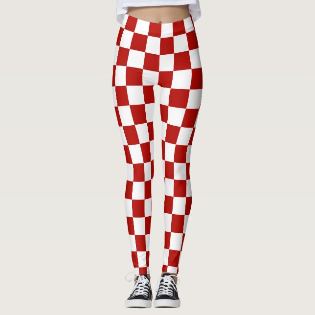 Checkered squares red white geometric retro leggings (Front)