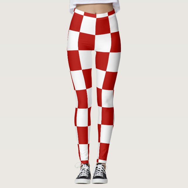 Checkered squares red white geometric retro leggings (Front)