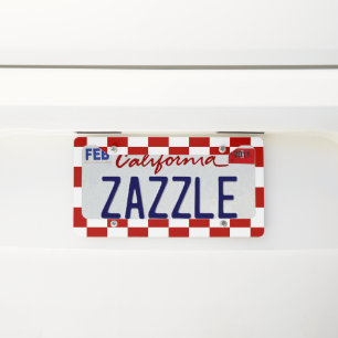 Checkered squares red white geometric retro license plate frame