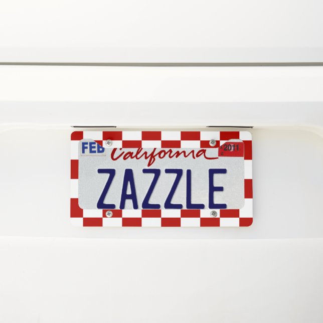 Checkered squares red white geometric retro license plate frame (On Car)