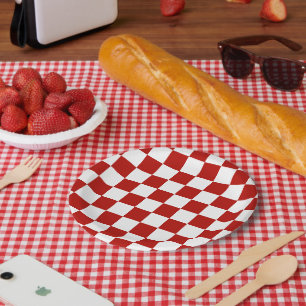 Checkered squares red white geometric retro paper plates