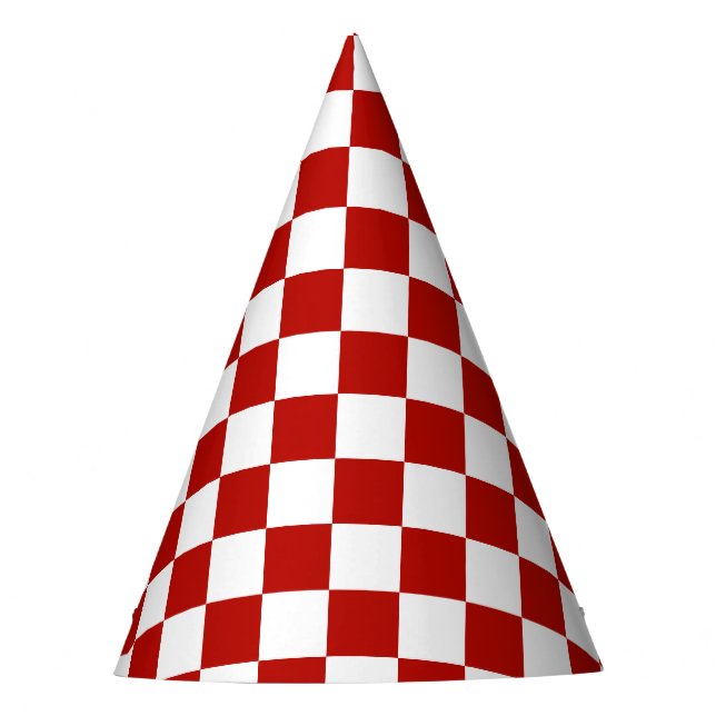 Checkered squares red white geometric retro party hat (Front)