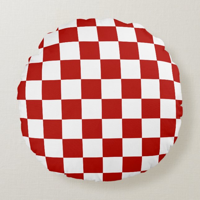Checkered squares red white geometric retro round pillow (Front)