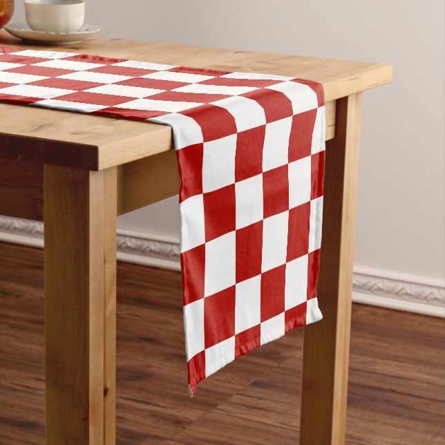 Checkered squares red white geometric retro short table runner (In Situ)