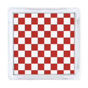 Checkered squares red white geometric retro silver finish lapel pin
