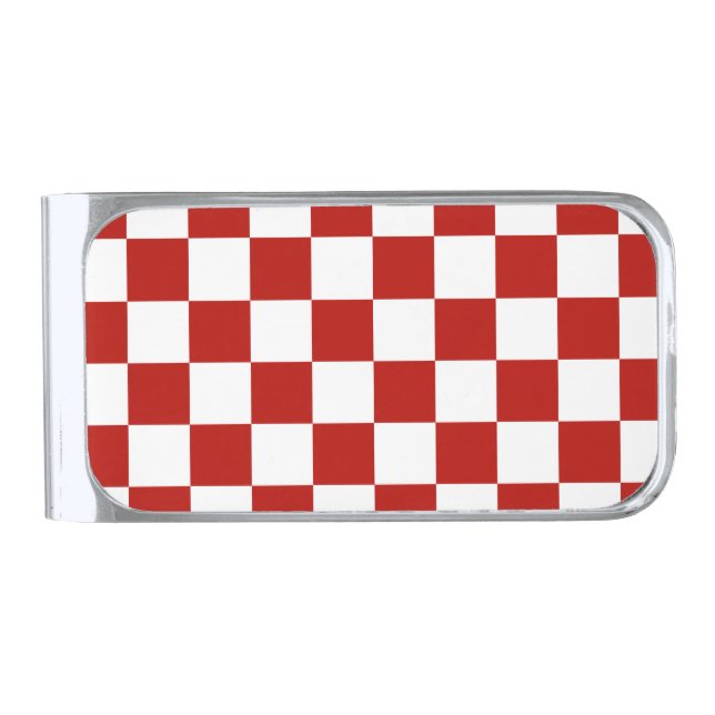 Checkered squares red white geometric retro silver finish money clip (Front)