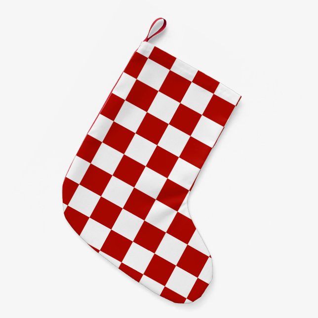 Checkered squares red white geometric retro small christmas stocking (Front (Hanging))