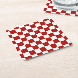 Checkered squares red white geometric retro square paper coaster