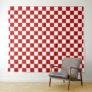 Checkered squares red white geometric retro tapestry