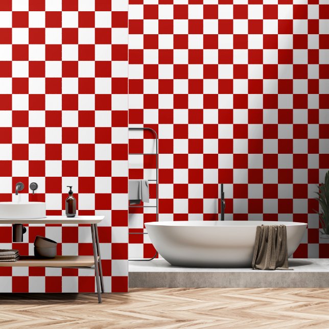 Checkered squares red white geometric retro wallpaper  (Bathroom)