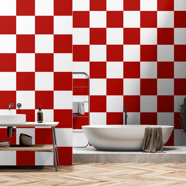 Checkered squares red white geometric retro wallpaper  (Bathroom)