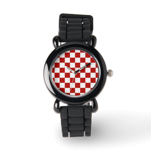 Checkered squares red white geometric retro watch (Front)