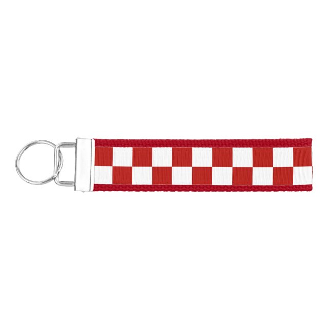 Checkered squares red white geometric retro wrist keychain (Keys on Left)