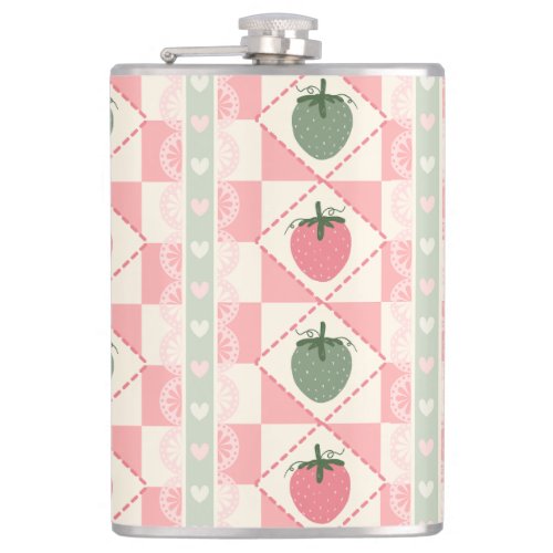 Checkered Strawberry Pattern Vinyl Wrapped Flask