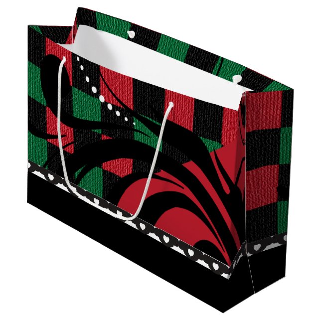 Checkered Swirl Design | Black, Red and Green Large Gift Bag (Front Angled)