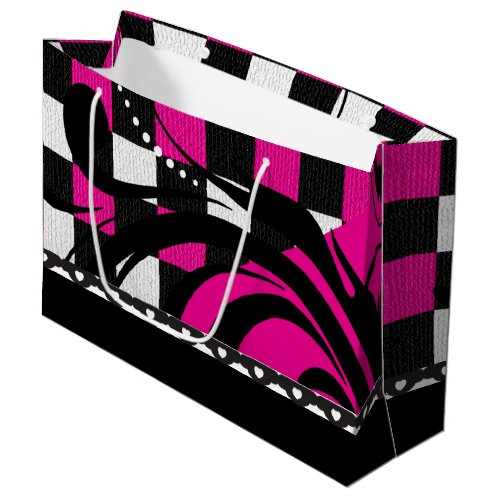 Checkered Swirl Design  Black White and Hot Pink Large Gift Bag