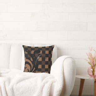 Checkered Swirly Pattern   Brown, Tan, Black Throw Pillow