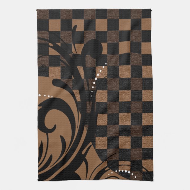 Checkered Swirly Pattern | Brown, Tan, Black Towel (Vertical)