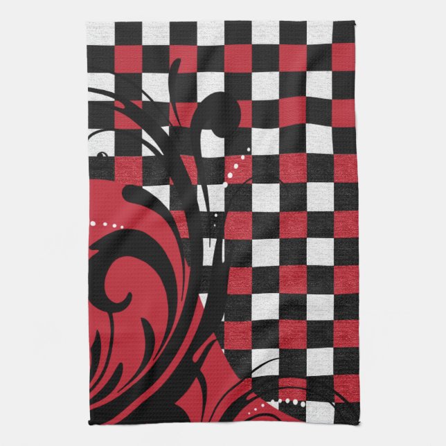 Checkered Swirly Pattern | Dark Red, White, Black Towel (Vertical)